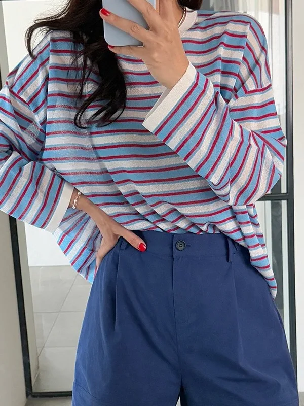 

Шикарный винтажный полосатый вязаный накидка, женский свободный длинный топ све, модный осенний модный топ, маленький размер, ленивый Sle irt