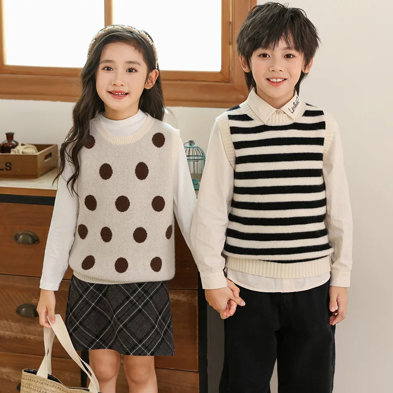 Autumn and Winter New Wool Sleeveless Vest Boys and Girls Same Casual Striped Contrast Color Polka Vest Fashion