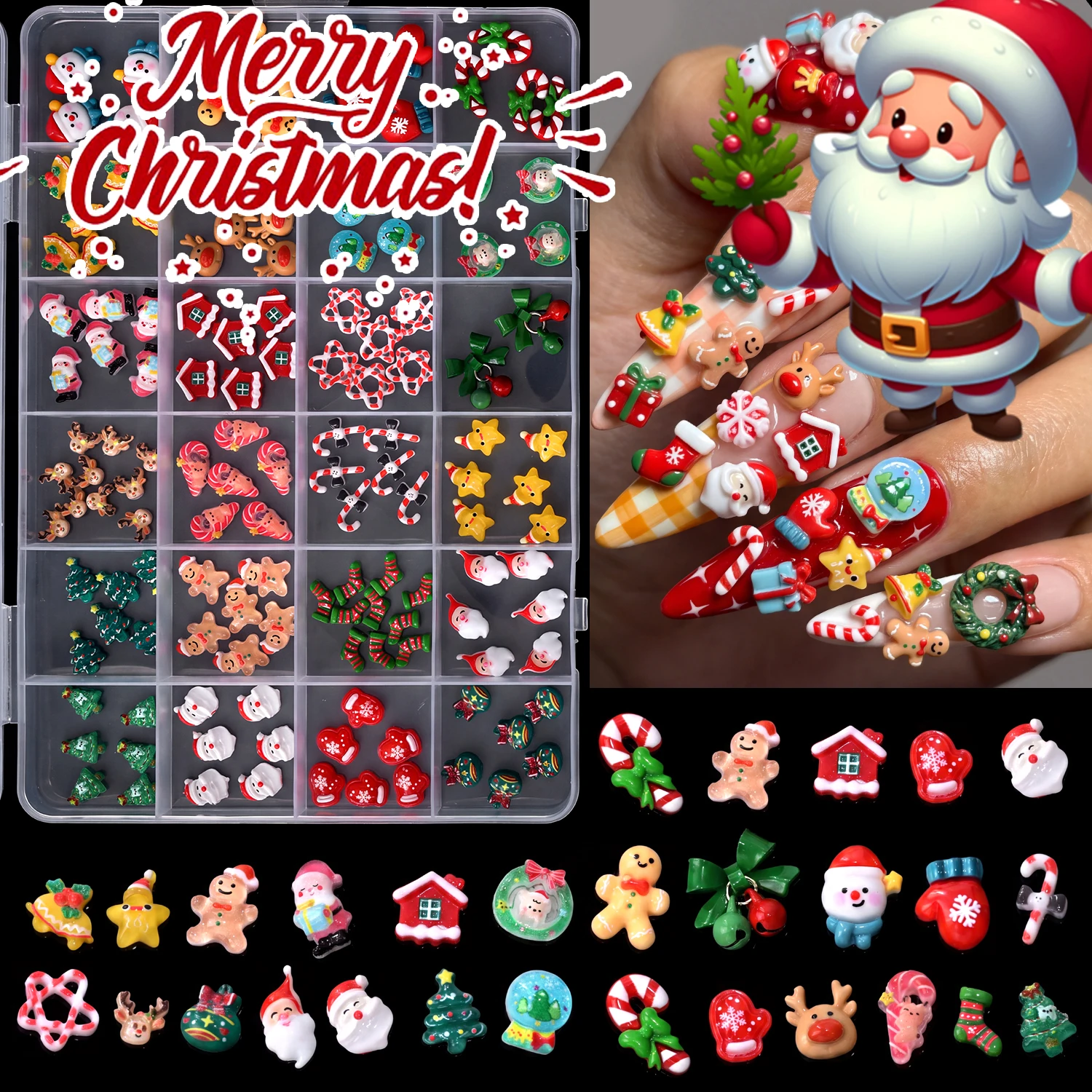 24Grids/Box Christmas 3D Resin Santa Claus Nail Charms Cartoon Gingerbread/Reindeer Gloves/Bells Nail Charms DIY Xmas Nail Craft