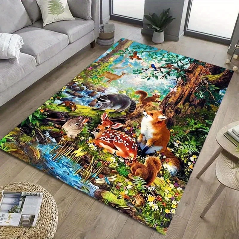 

Forest Animal Theme Polyester Carpet Mat, Soft Washable Area Rug for Living Room, Outdoor, Patio, Kitchen, Bedroom, Playroom, an