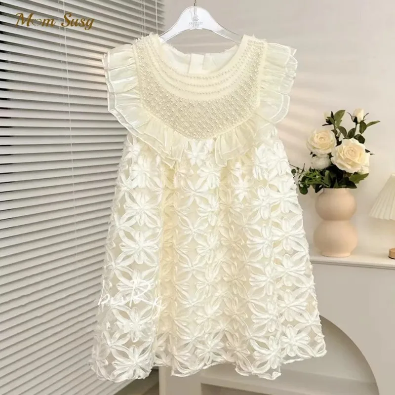 

Baby Girl Princess Pearl Ruffled Dress Toddler Vintage Hollow Flower Vestido Party Wedding Pageant Birthday Baby Clothes 1-12Y