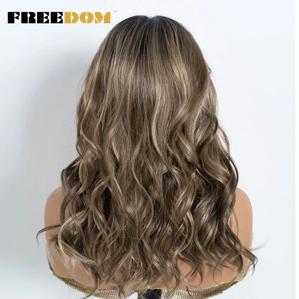 الحرية تسليط الضوء على الاصطناعية الدانتيل الجبهة الباروكات للنساء 20 بوصة الطبيعية مجعد شعر مستعار متموج أومبير براون شقراء الدانتيل الباروكات تأثيري الباروكات