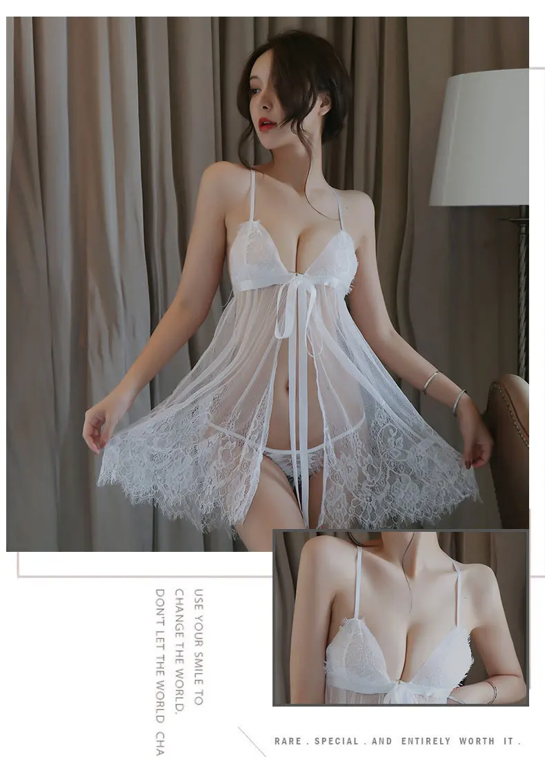 

Women's Erotic Lingerie Sexy Lace Bow Eyelashes Transparent Thong Panties G Strings Passion Sheer Mesh Yarn Suspender Nightdress