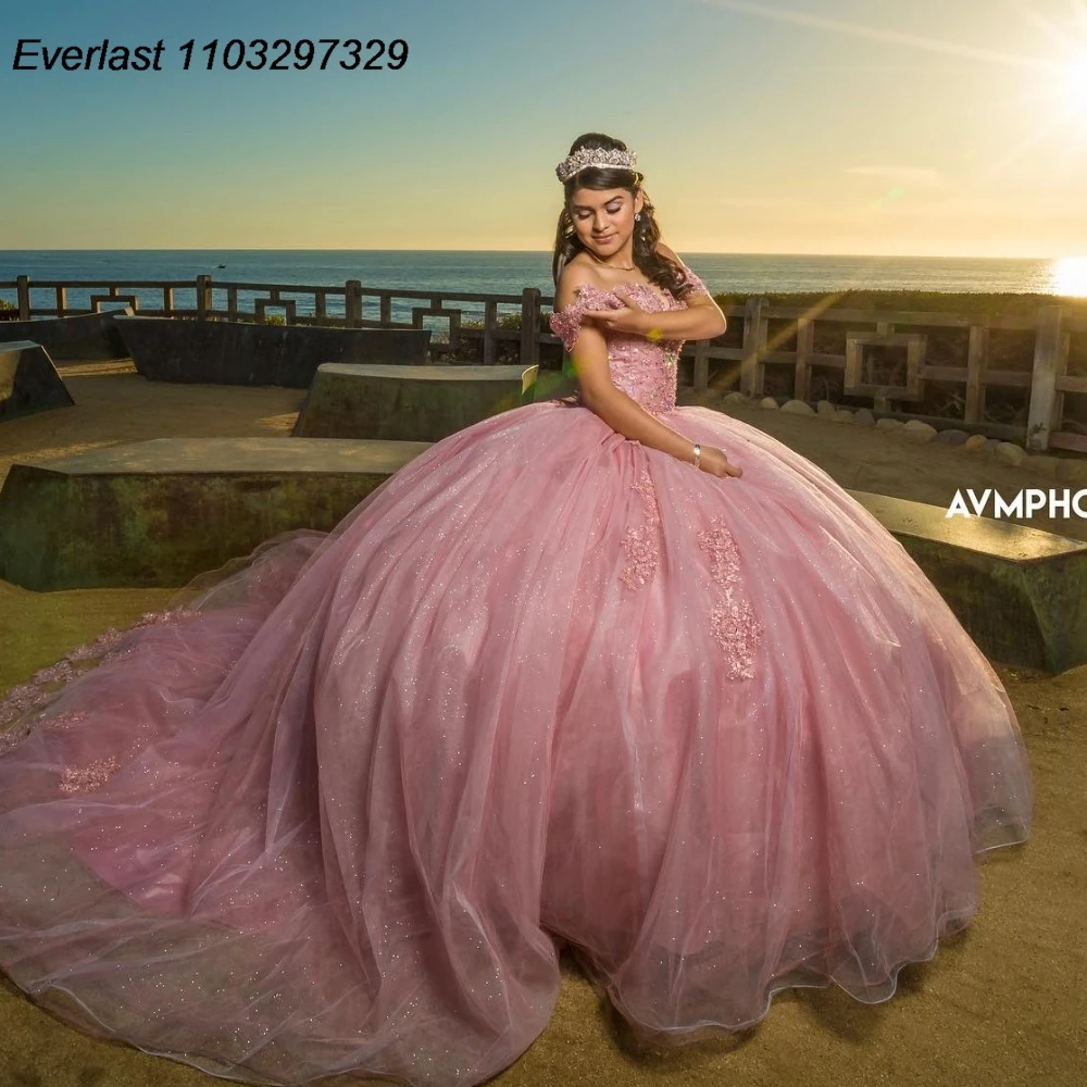 

Блестящее розовое платье EVLAST Quinceanera, бальное платье, блестящее кружевное платье с аппликацией и бисером, Мексиканский корсет, милое платье 16, 15 лет TQD945