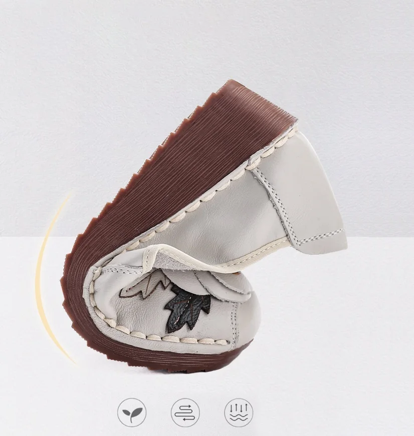 

Vintage 3D Rose Leather Wedge Flats Women's Slip On Handmade Moccasins Elderly Mom Shoes Non Slip Shallow Retro Flats Loafers