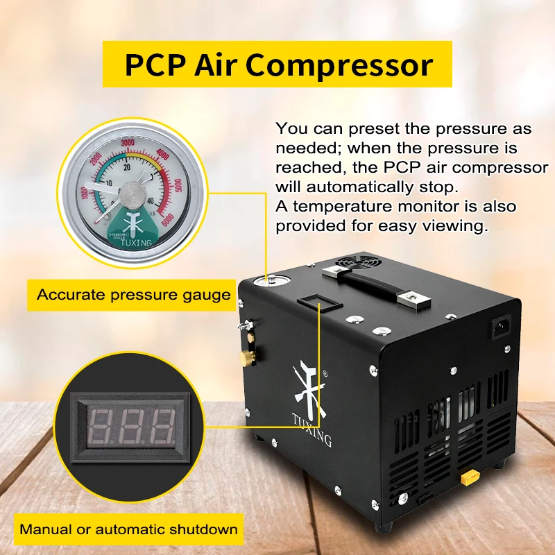 TUXING 4500psi 300bar PCP Air Compressor Built-in 12V Transformer High Pressure Compressor for Diving PCP Air Rifle TXET062