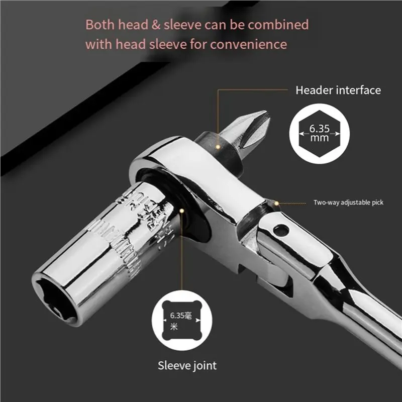 ABVJ-5X 2-In-1 Round Handle Ratchet Wrench 1/4 Double Ended 72 Teeth Quick Spanner Tool Screwdriver Socket Bit