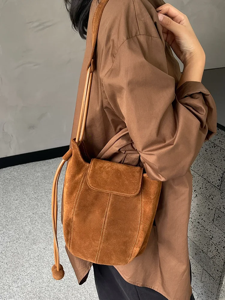 

FIRMRANCH Vintage Matte Corduroy Leather Simple Literary Style Pumpkin Tote Bag For Women Single Shoulder Fringe Crossbody Bag