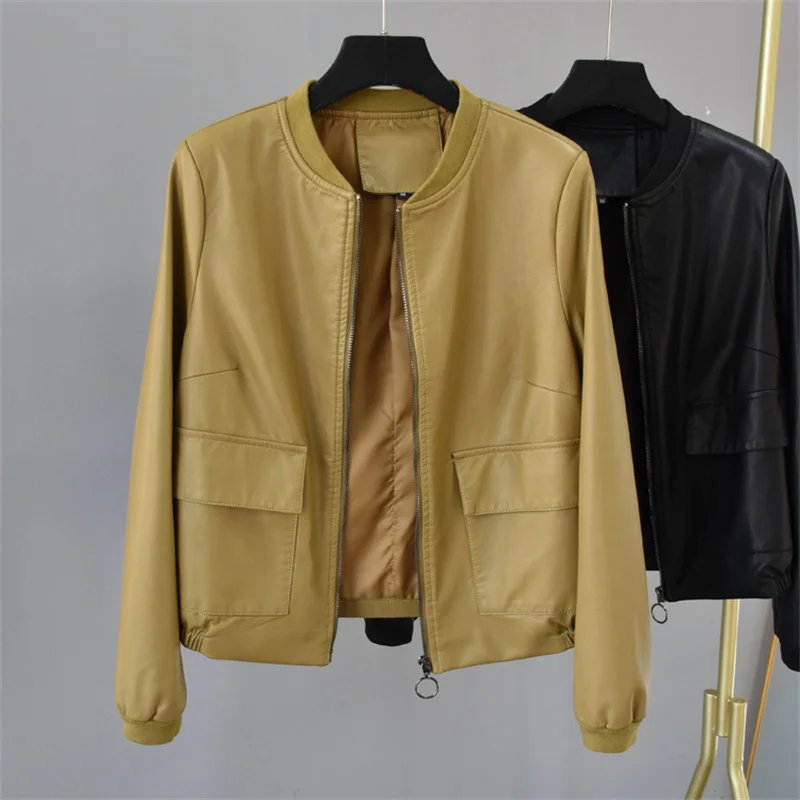 

Spring Autumn Women Round Collar Big Pocket Short Faux PU Leather Jacket Yellow Black Casual Motorcycle Bomber Jacket Streetwear