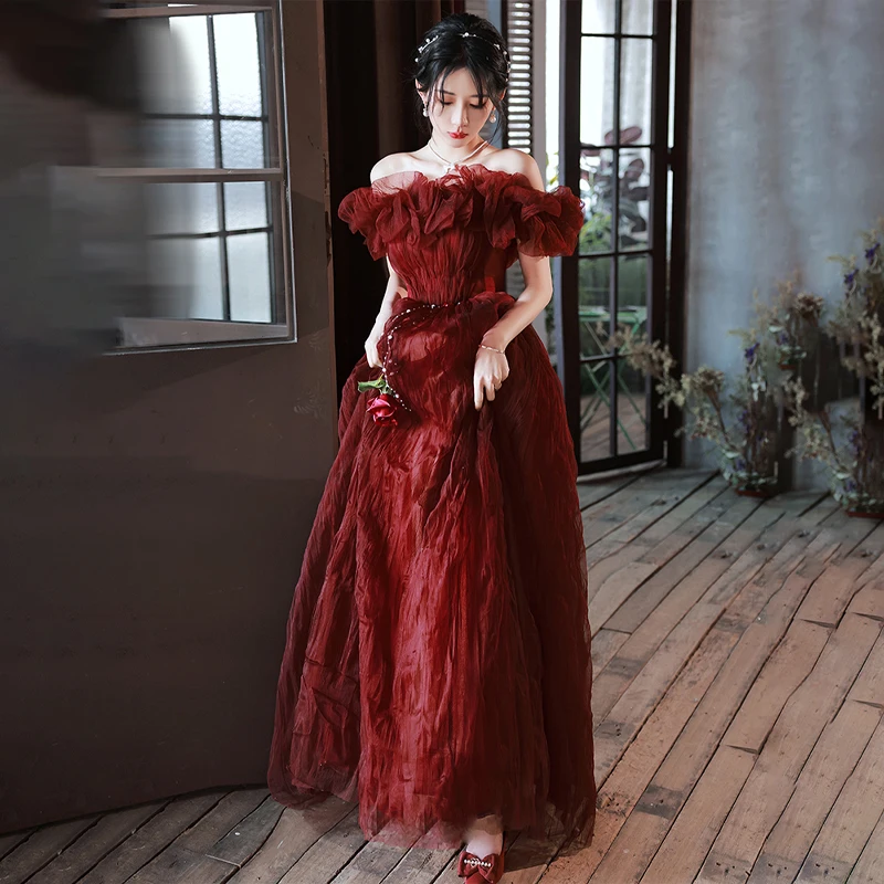 

It's Yiiya Evening Dress Boat Neck Floor Length Short Sleeves A-Line Tulle Burgundy Plus size Woman Formal Party Gowns XC064