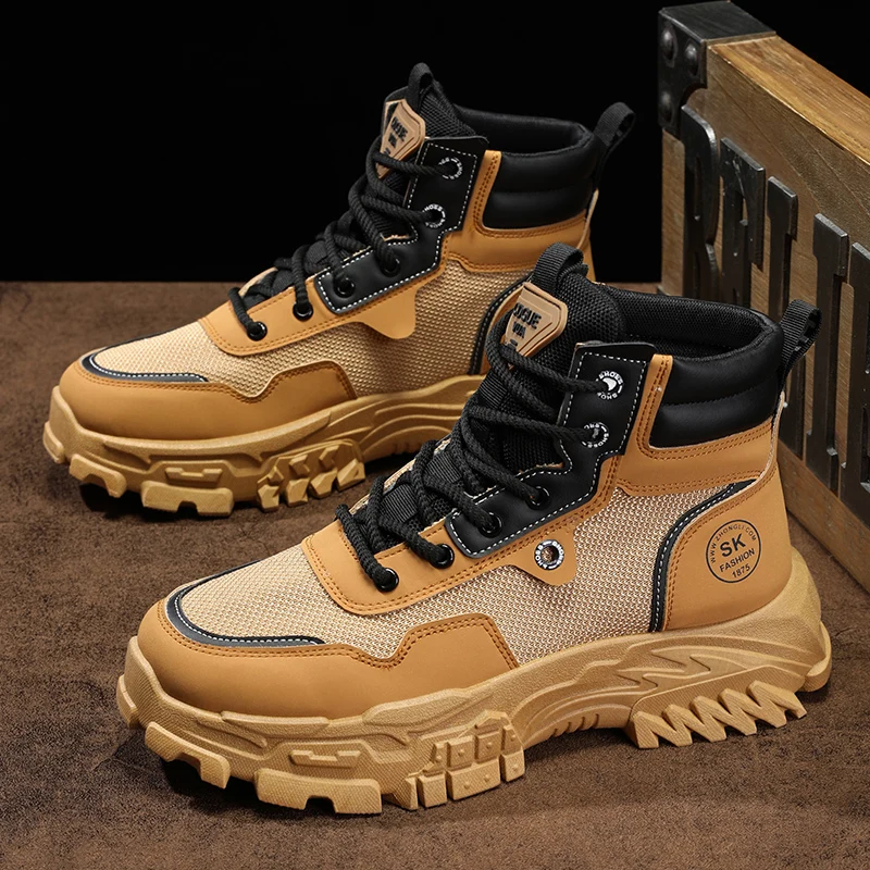 

Весенние модные мужские мотоциклетные ботинки, удобные дышащие желтые мужские ботинки, рабочие ботинки на платформе, мужские ботильоны, botas para hombre