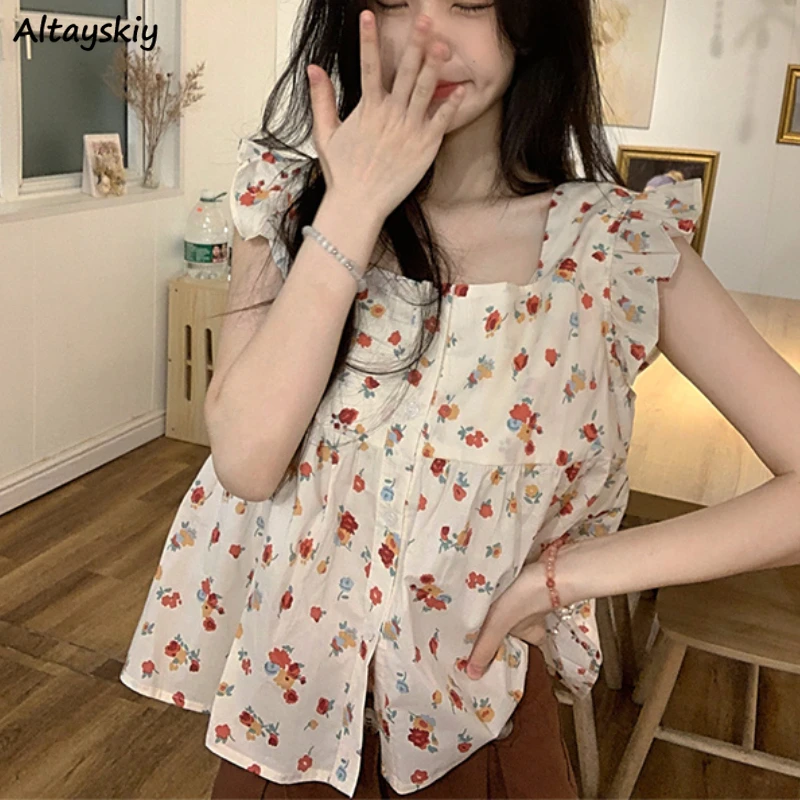 

Floral Summer Shirts Women Tender Prairie Chic Sweet Flying Sleeve Girlish Korean Style Loose Tops Casual Students New Aesthetic