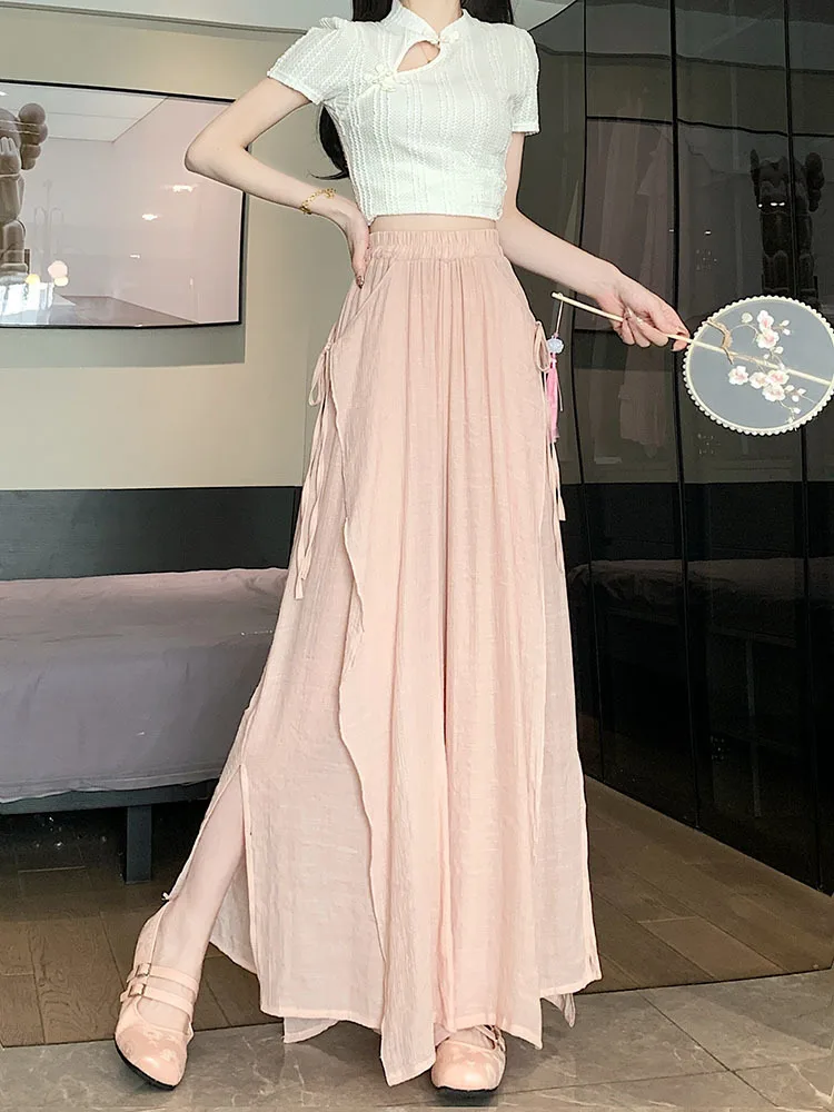 

2024 Casual Pants Women Summer Thin Design Sense Lace-up High Waist Straight Nine Points Wide Leg Trouser Skirt Elegant Fashion