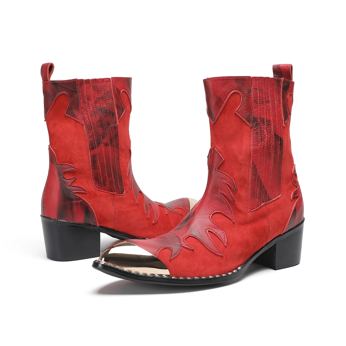 

Fashion Red Genuine Leather Short Boots Plus Size Men Pointed Toe Motorcycle Cowboy Ankle Boots Male Party Formal Shoes Footwear