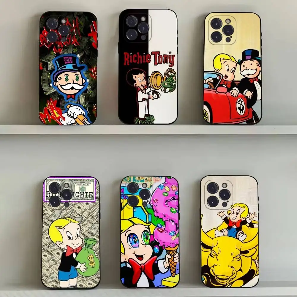 Funda de teléfono Richie Rich Cartoon para iPhone 16,15,14,13,12,11,Pro,Max,Plus,X,XS,SE4,E,Mini,funda negra suave