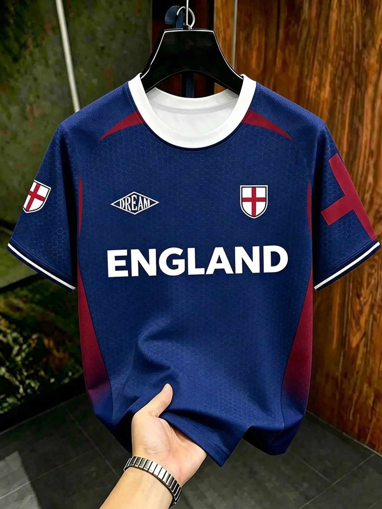 Men England Color Block Football Jersey Short Sleeve Crew Neck Sports Fan T Shirt