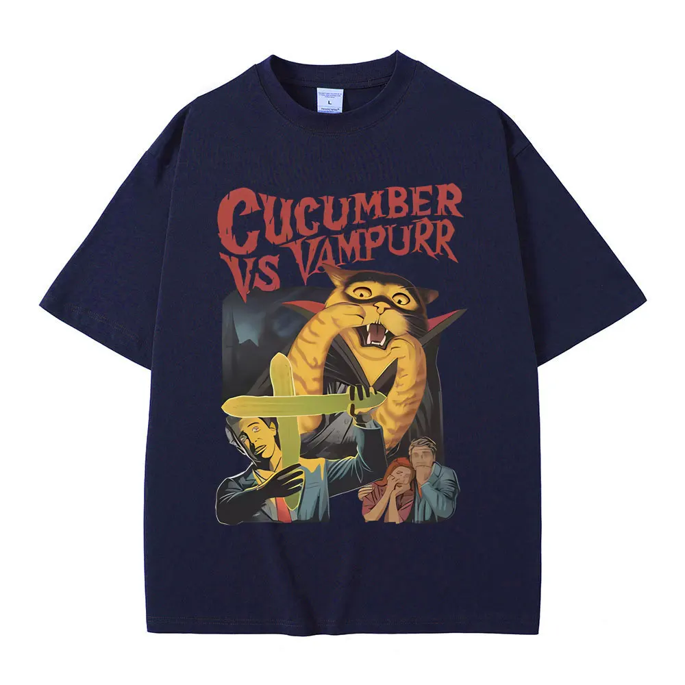 Funny Cucumebr Vs Vampurr Cat Tshirt Vintage The Return of Vampurr Cats Meme T-shirt Men Women Fashion Casual Oversized T Shirts image 4