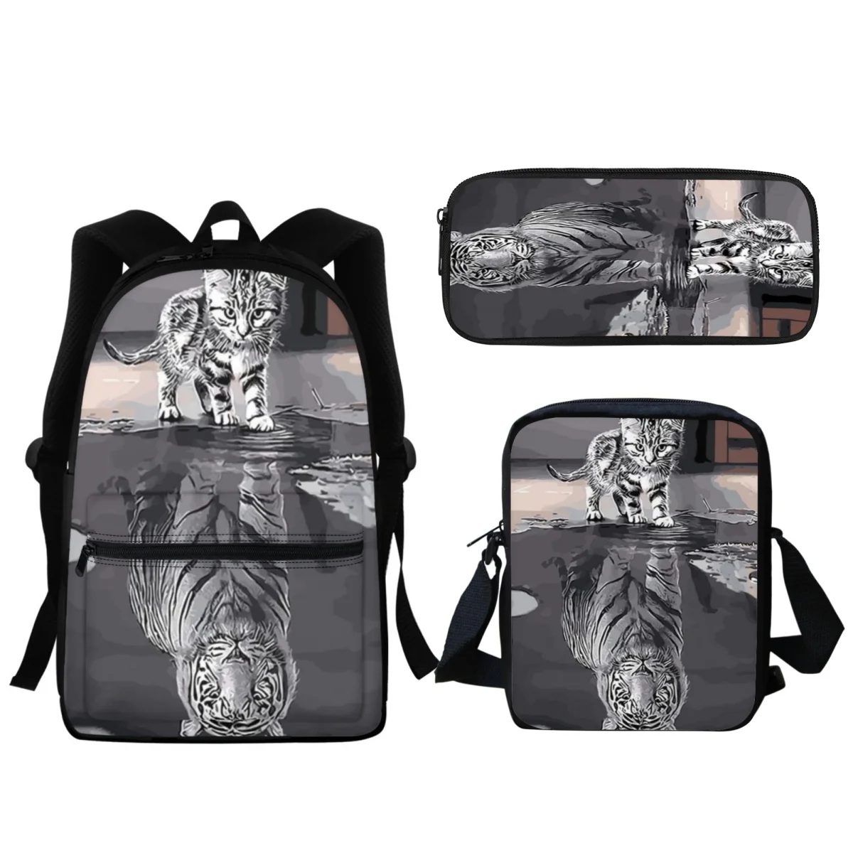 3PC Cartoon Tiger Cat Designer Fashion School Bag Children Girls Casual Zipper Backpack Pupil Pencil Case Mochila BookBags Gift