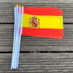 xvggdg Spain National Flag with Plastic Flagpole hand waving flags Espana Polyester Flags 14 * 21 CM 100pcs