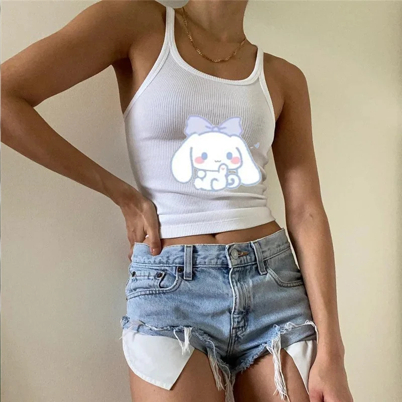 Cinnamoroll Sanrio Sling Vest T Shirts Cartoon Y2K Streetwear Versatile Vintage Cute Short Sleeveless Women Stylish Tank Tops