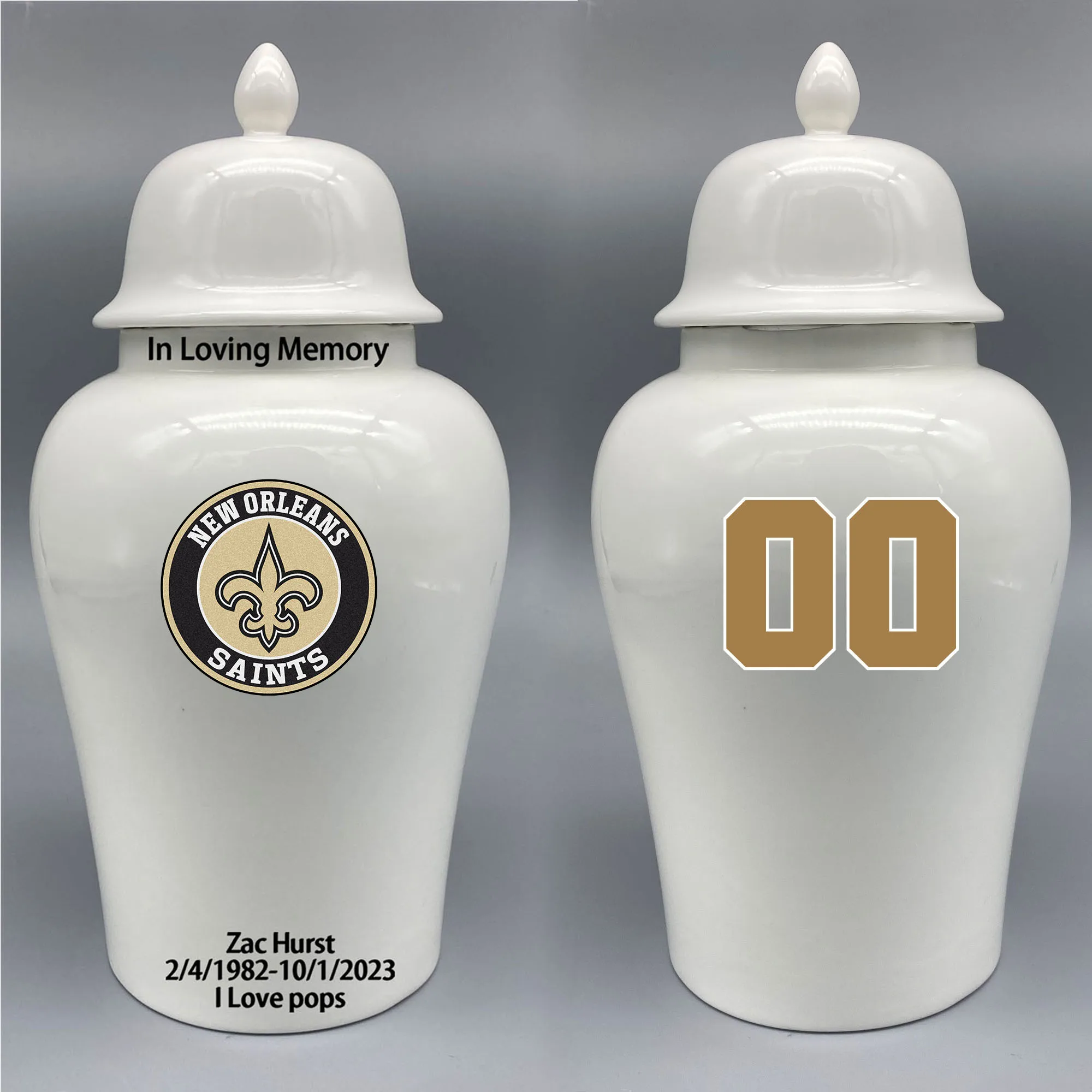 Large Urn for New Orleans Saints-themed Logo Urn.Please send me the customize information-name/date and number on the urn