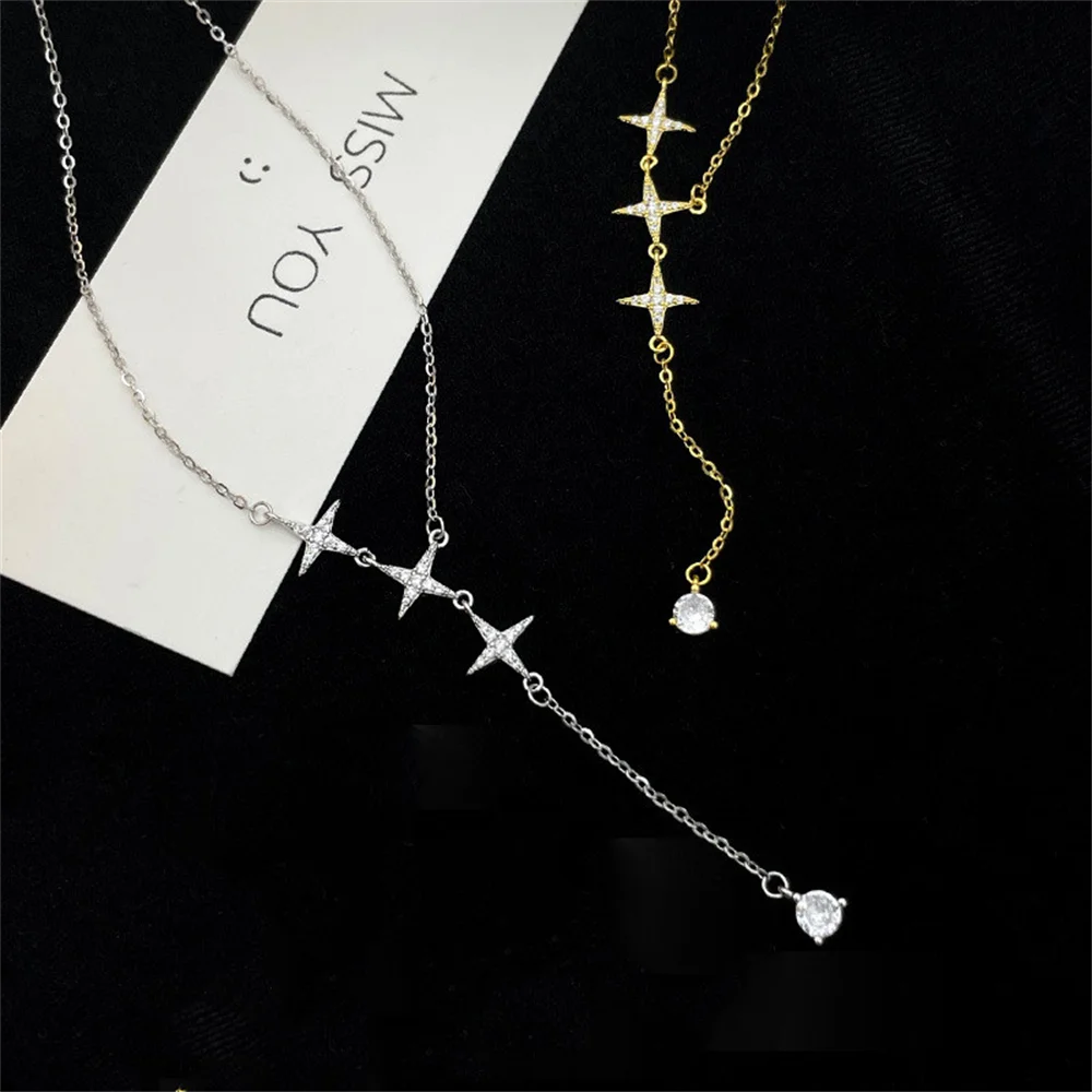 

S925 Sterling Silver Korean Spring-Summer Necklace, 4-Point Star Tassel Diamond-Embellished Sweet & Atmospheric Collarbone Chain