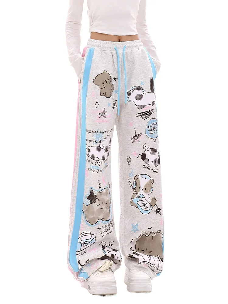 Lolita Dopamine Sweet And Fun Cat Casual Pants High Waisted Versatile Lace Up Street Dance Sports Straight Leg Pants