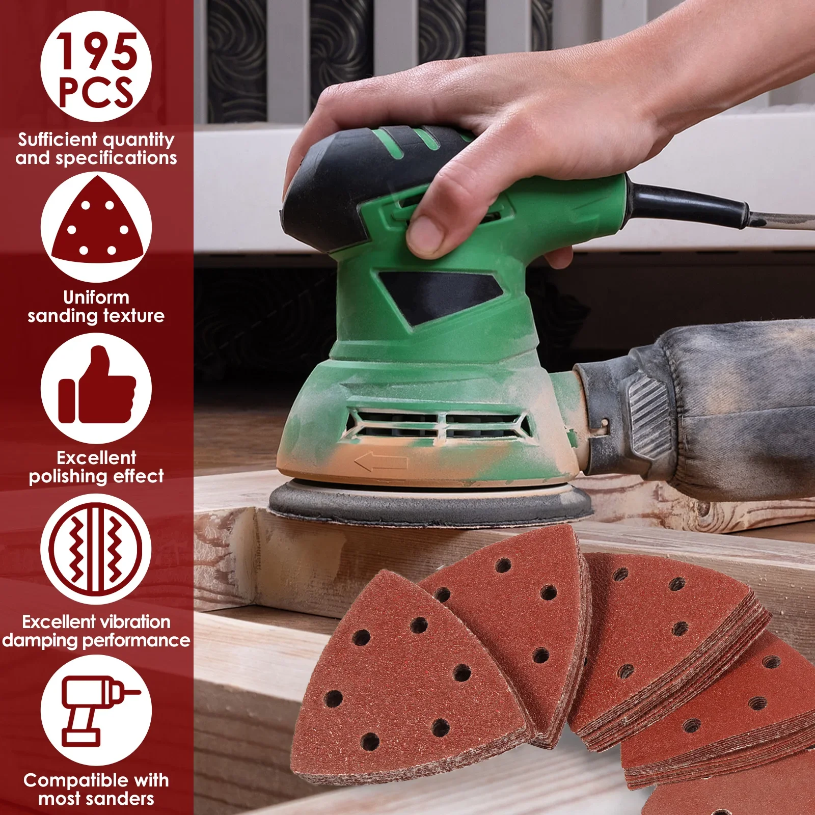  195Pcs 90 mm Triangular Sandpaper 6 Holes Sanding Discs And Loop Aluminum Oxide Pads 40-1000 Grit Abrasive Tools