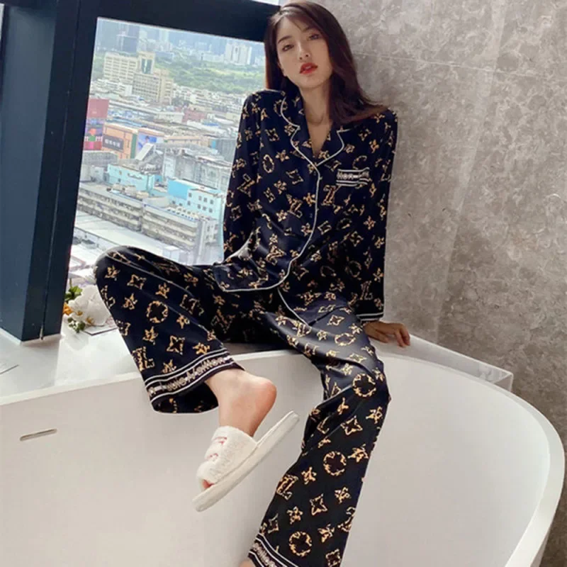 Large Size Pajamas Women Printed Girl Home Wear Two-Piece Cardigan Long-Sleeved Simple Wearable Ladies Sleepwear Loungewear