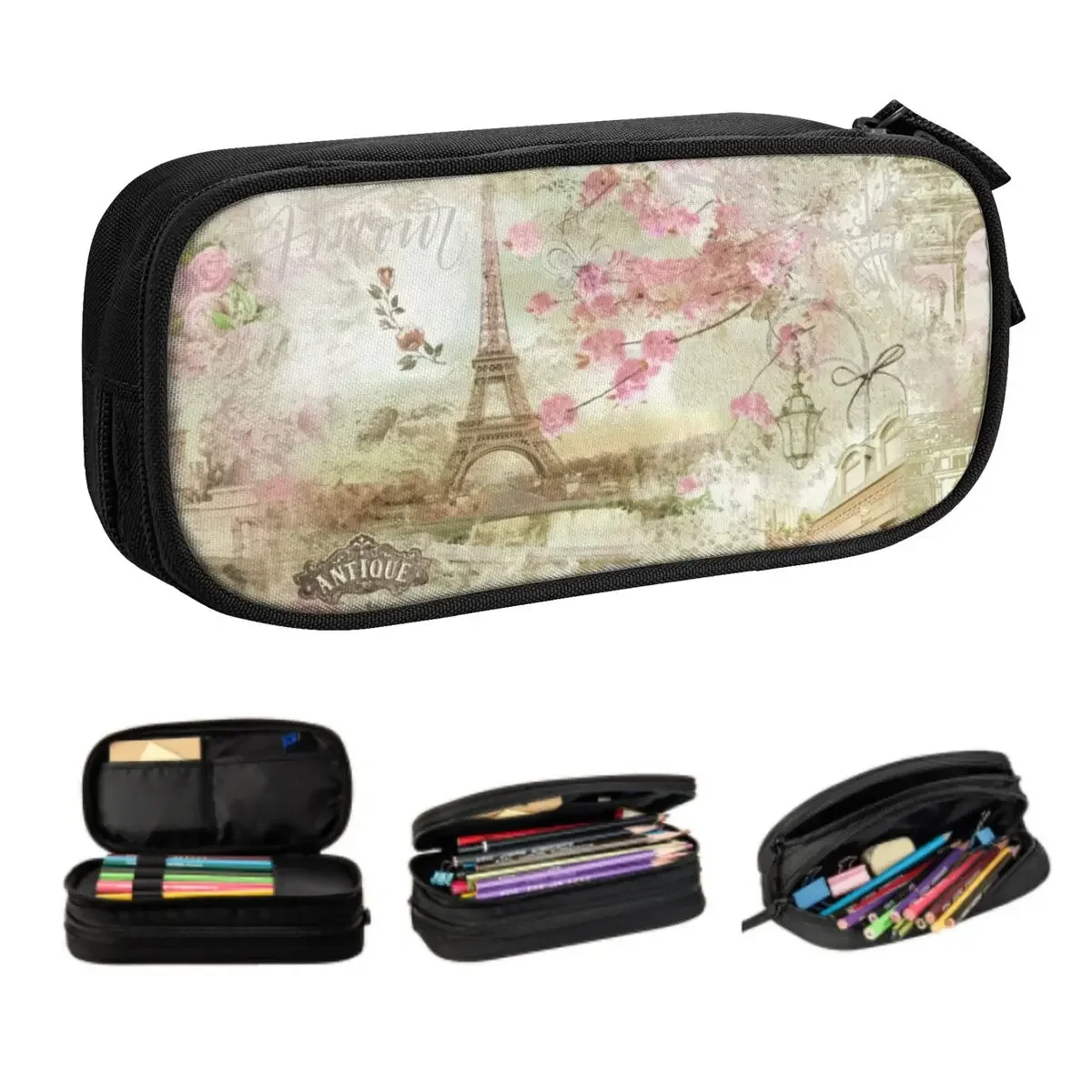 

Customized France Paris Eiffel Tower Pencil Case for Boys Gilrs Large Capacity Flower Pink Pen Bag Box School Supplies