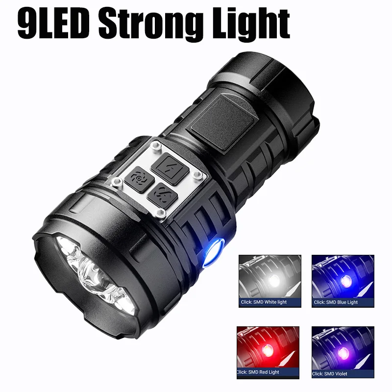 9LED Strong Light Flashlight USB Rechargeable Multi functional Mini Lantern with Built-in Battery Outdoor Camping Hiking Torch