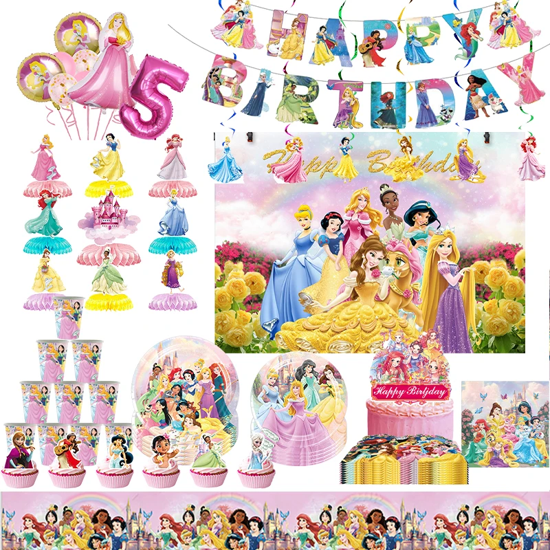 Disney Princess Birthday Decoration Cartoon Belle Snow White Theme Party Supplies Paper Plates Cups Peach Balloon For Kids Girls