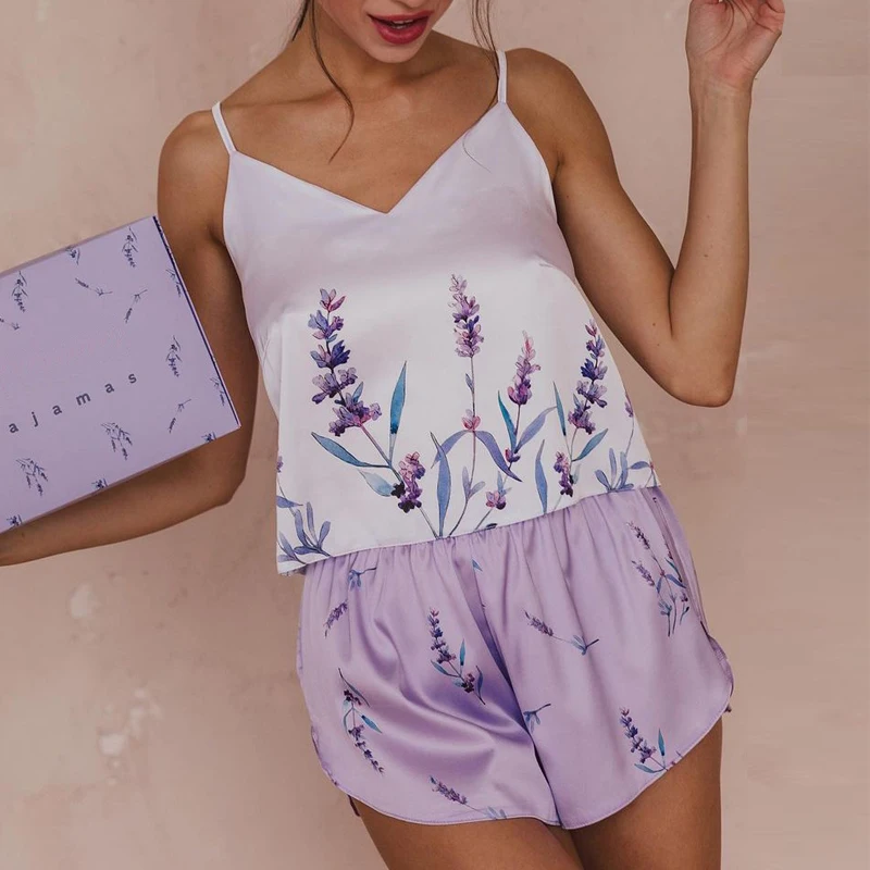 Women Pajamas set Summer Satin Silk Sleepwear Lavender Flower Print Pijamas Sexy V-neck Sleeveless Homewear Clothes Loungewear