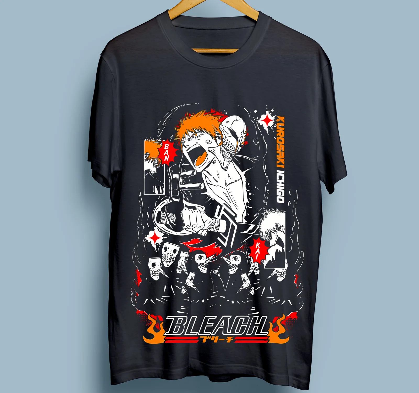 Bleach Ichigo T-Shirt Kurosaki Moon Kawai Anime Manga Black Tshirt