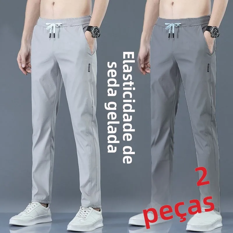 Calças Casuais Masculinas Ultra-Finas de Seda Gelada, Soltas, Respiráveis, com Pernas Retas, Secagem Rápida, Cintura Elástica...