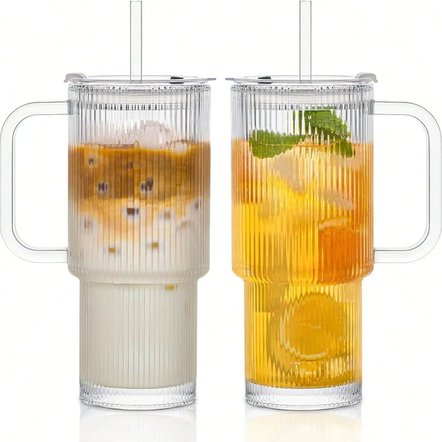 

2PCS Textured Glass Cups w/Handles Lids Straws for Hot/Cold Drinks