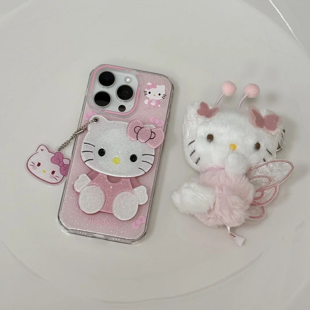 Kawaii الكرتون مرحبا كيتي رئيس KT الدورية مرآة جراب هاتف آيفون 16 15 14 برو ماكس بريق للصدمات سيليكون غطاء ناعم