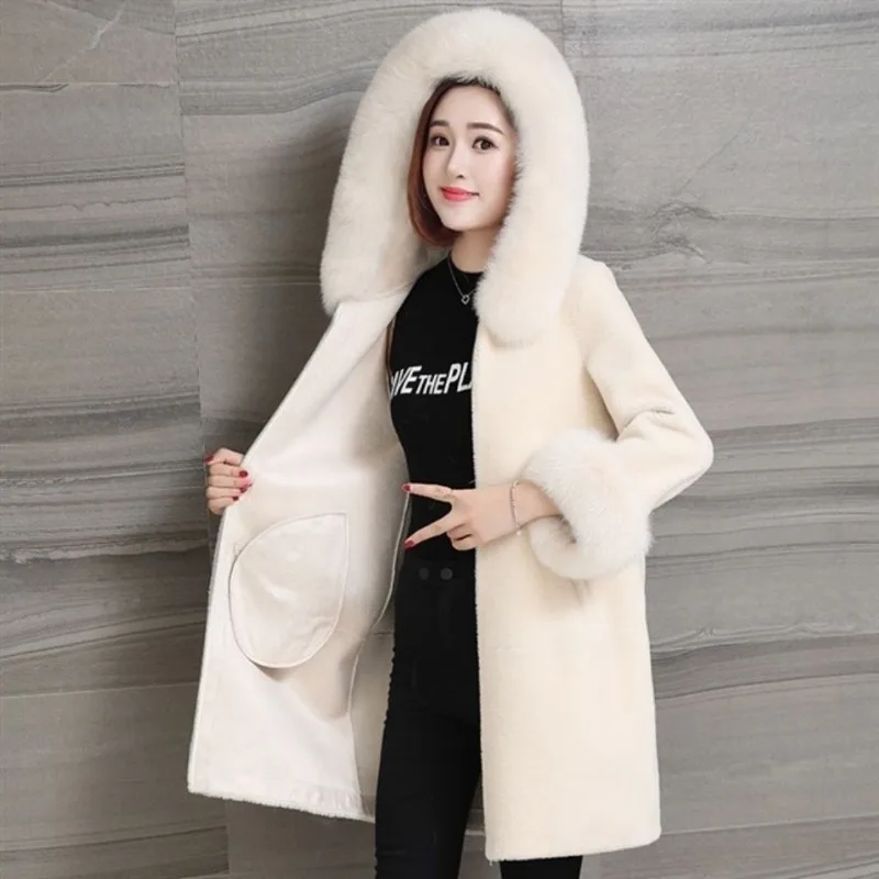 Manteau en fausse fourrure pour femme, col en fourrure de renard, version mi-longue, vêtements d'extérieur à capuche, épais, chaud, parkas décontractés, hiver, nouveau, 2023