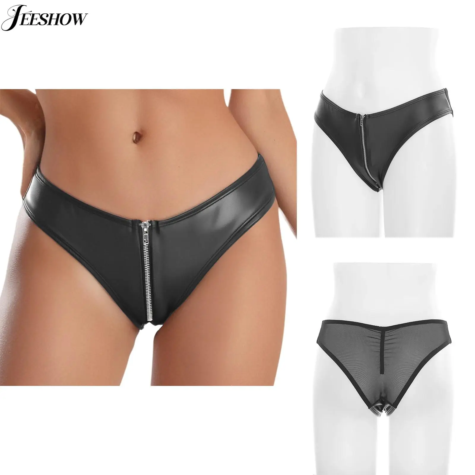 

Womens PU Leather Mesh Patchwork Briefs Underwear Wet Look Low Rise Zipper Crotch Mini Panties Nightclub Pole Dance Clubwear
