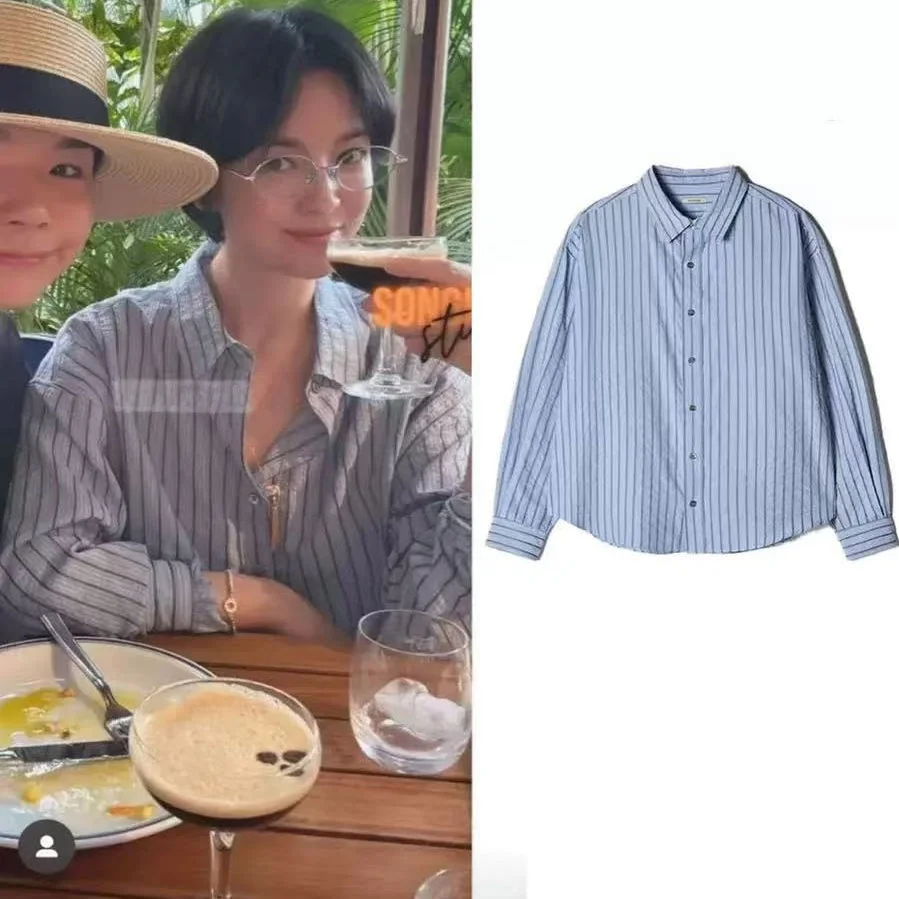 

Свободный длинный све с пузырьковой текстурой, синий, в вертикальную полоску, повседневный топ, Song Hui Jiao Sle, Simple Faion, женский премиум-класс...