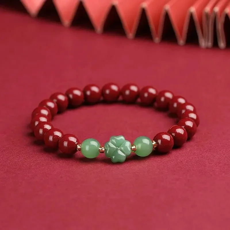 

High Content Cinnabar Single Circle Bead Bracelet Women's Purple Gold Sand 8MM Four-leaf Clover Vintage Girlfriend Handstring