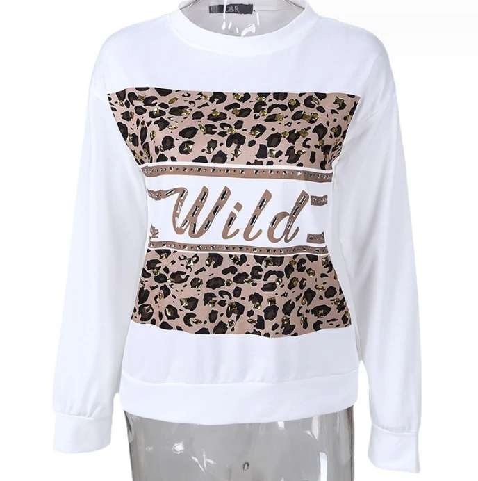 2024 Summer Spring Women Blouses Top New Style V-Shaped Collar Long Sleeves Leopard Print Pressed Diamond Casual Hoodie Pullover