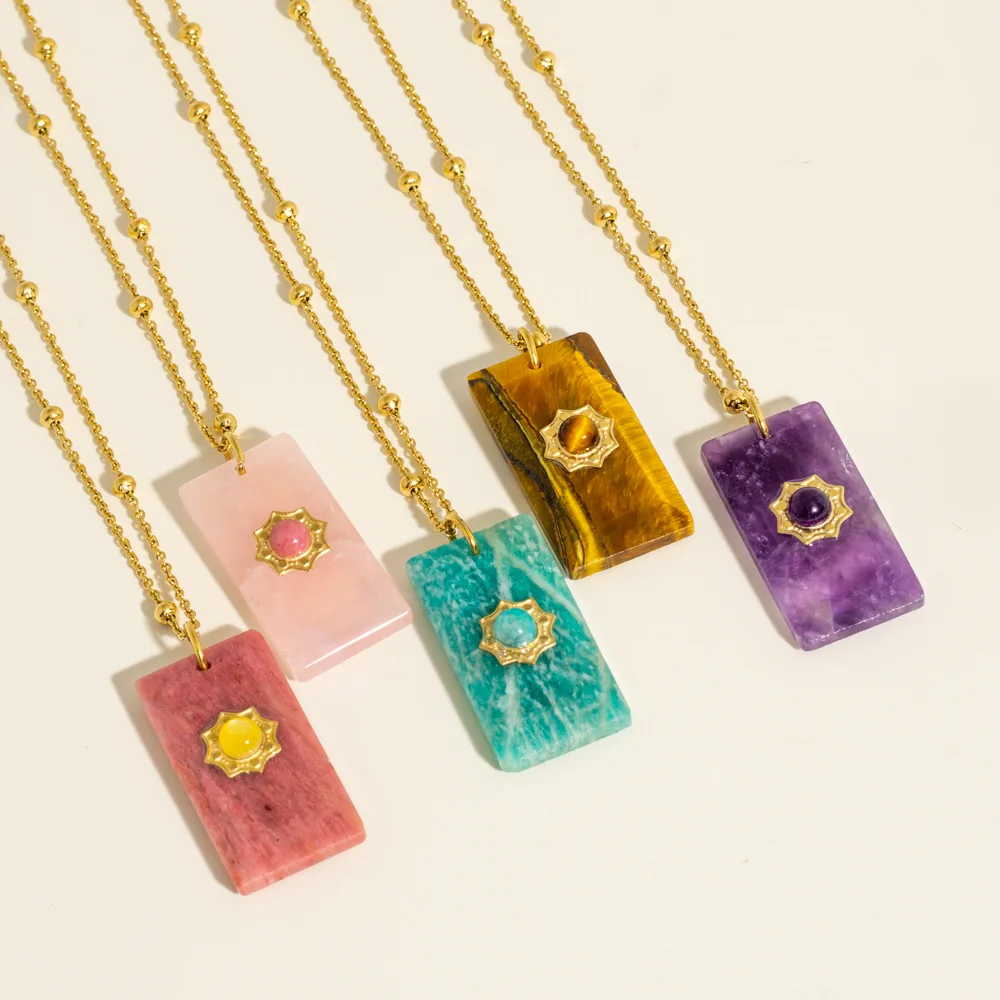 V. Stainless Steel Retro Square Natural Stone Multicolour Pendant Necklace Women Aesthetic Jewelry