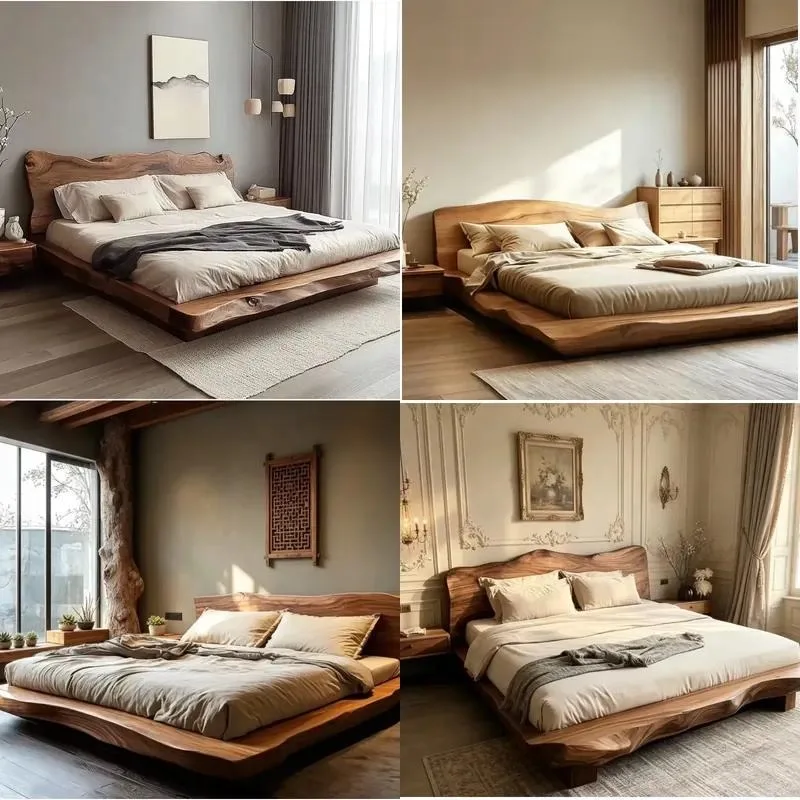 Solid Wood Pine Platform Bed Double Size Japanese  Style Light Luxury Master Bedroom Furniture Eco Friendly