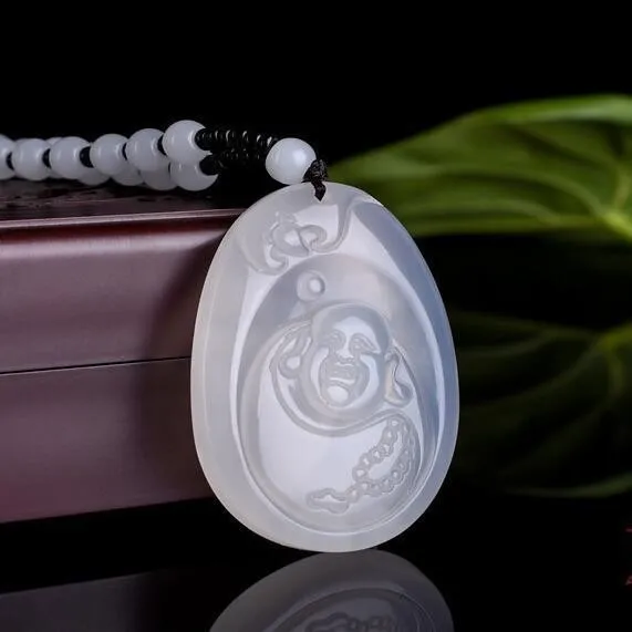 

Natural Ice Agate, Chalcedony, Smiling Buddha, Maitreya Buddha Pendant, Safe, Simple and Versatile Pendant