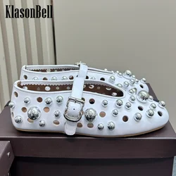 7.3 KlasonBell Women Cow Leather Hollow Out Beading Buckle Strap Pumps Sweet Comfortable Ballet Flats Shoes