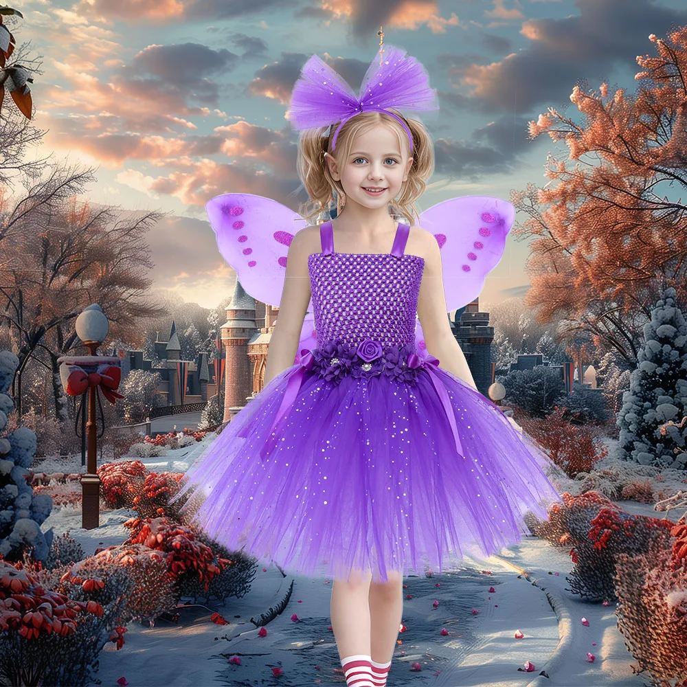 Sparkly Purple Fairy Tutu Dress with Wings Princess Magic Butterfly Dress Up Fantasy Costume Baby Kids Birthday Party Dresses