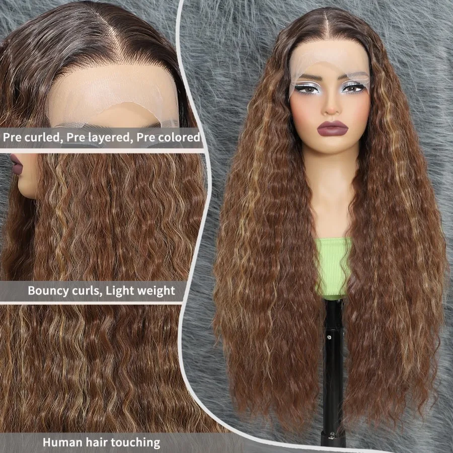 باروكات صناعية بدانتيل أمامي مقطوعة مسبقًا 13x4x1 الجزء الأوسط باروكات مموجة طبيعية بدون صمغ للنساء السود تسليط الضوء على أشقر بني مختلط