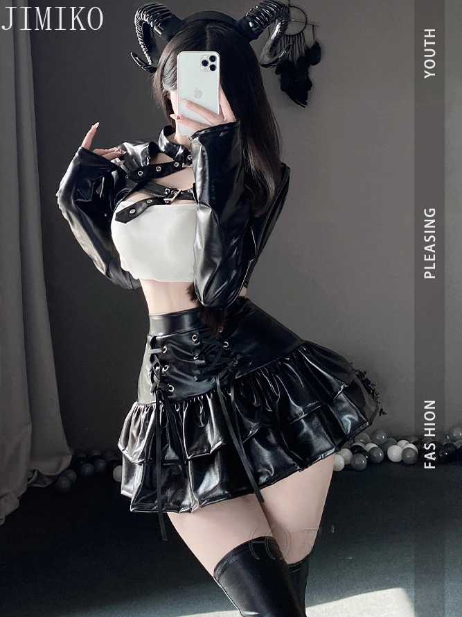 2024 Halloween Gothic Faux Leather Wet Black Top manica lunga e minigonna Clubwear abiti Sexy Anime giapponesi Kawaii Cosplay