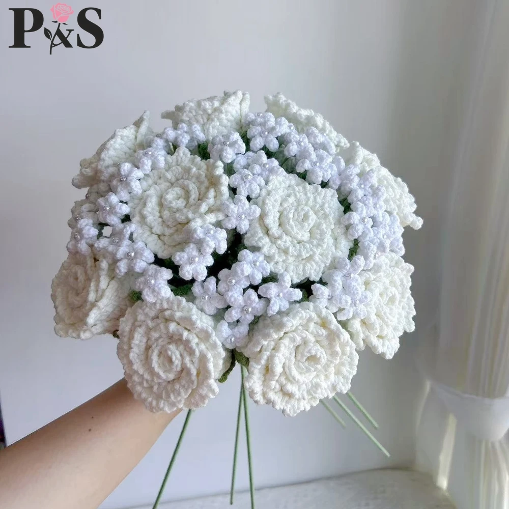 

Crochet Flower Bouquet Handmade White Rose Luxury for Wedding Home Decoration Knitted Artifical Flowers Gift for Valentine's Day
